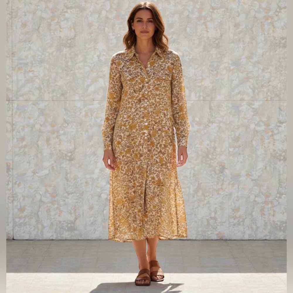 LUCKY BRAND Women’s Long Sleeve Button Down Floral Dress‎ | Mustard . Brown | M